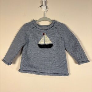 Alpaca Wool Knit Blue Sailboat Crew Neck Sweater Beach Vacation Photos